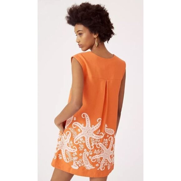 Maeve Orange Starfish Embroidered Linen Tunic Mini Dress Lined US 2 EU 34 NEW - Picture 2 of 6